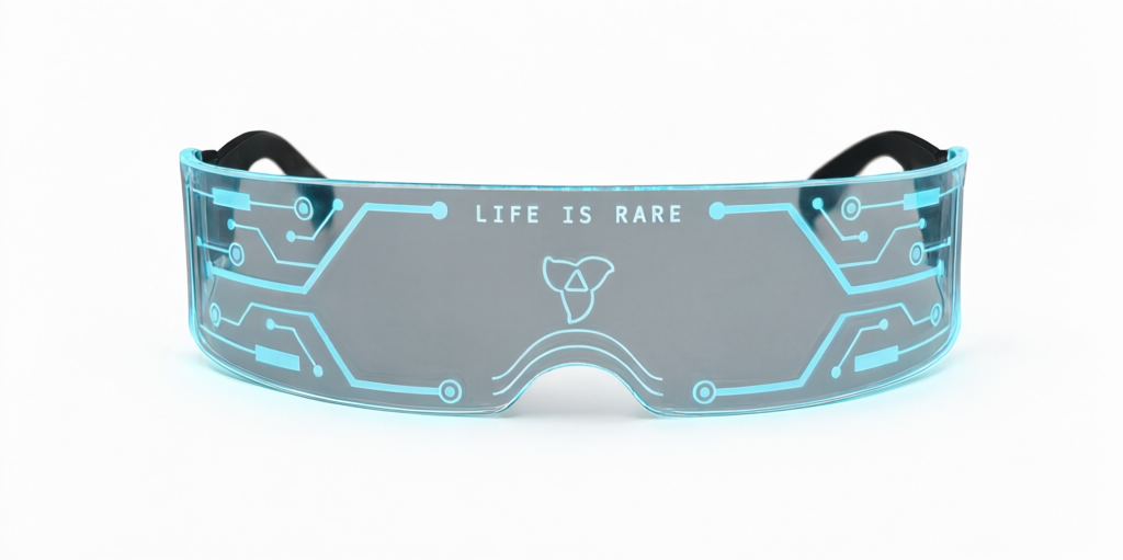 LIR Get Lit Visor — front view: clear shield visor with etched circuit lens, LIFE IS RARE lettering and the RARE flower mark